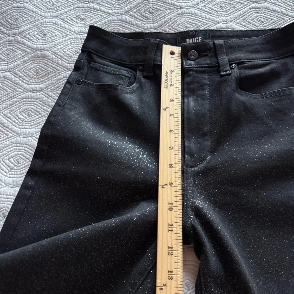 PAIGE Women's Sasha Coated Black Silver Glitter Luxe Wide-Leg Jeans Size 27